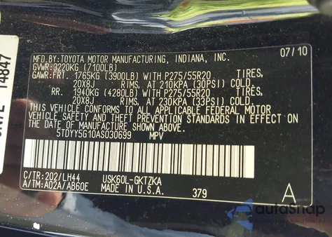 2010 Toyota Sequoia Platinum 5.7L V8 z USA, uszkodzony, nr VIN 5TDYY5G10AS030699